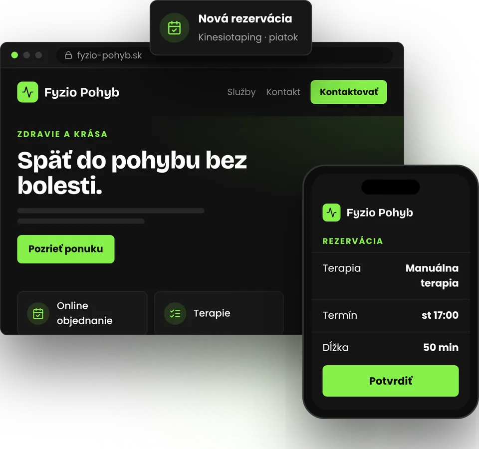 Web pre fyzioterapiu, kde si klient rezervuje termín sám – ilustrácia
