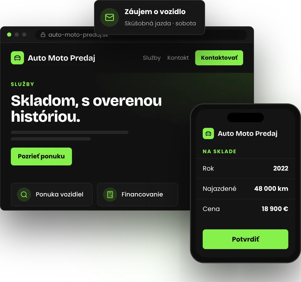 Web pre predajcu áut, motoriek a techniky – ilustrácia